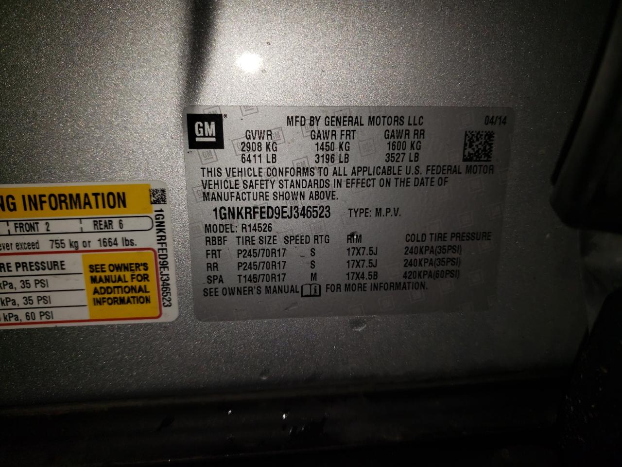 Zdjęcie 10 z aukcji – 2014 CHEVROLET TRAVERSE L z VIN 1GNKRFED9EJ346523