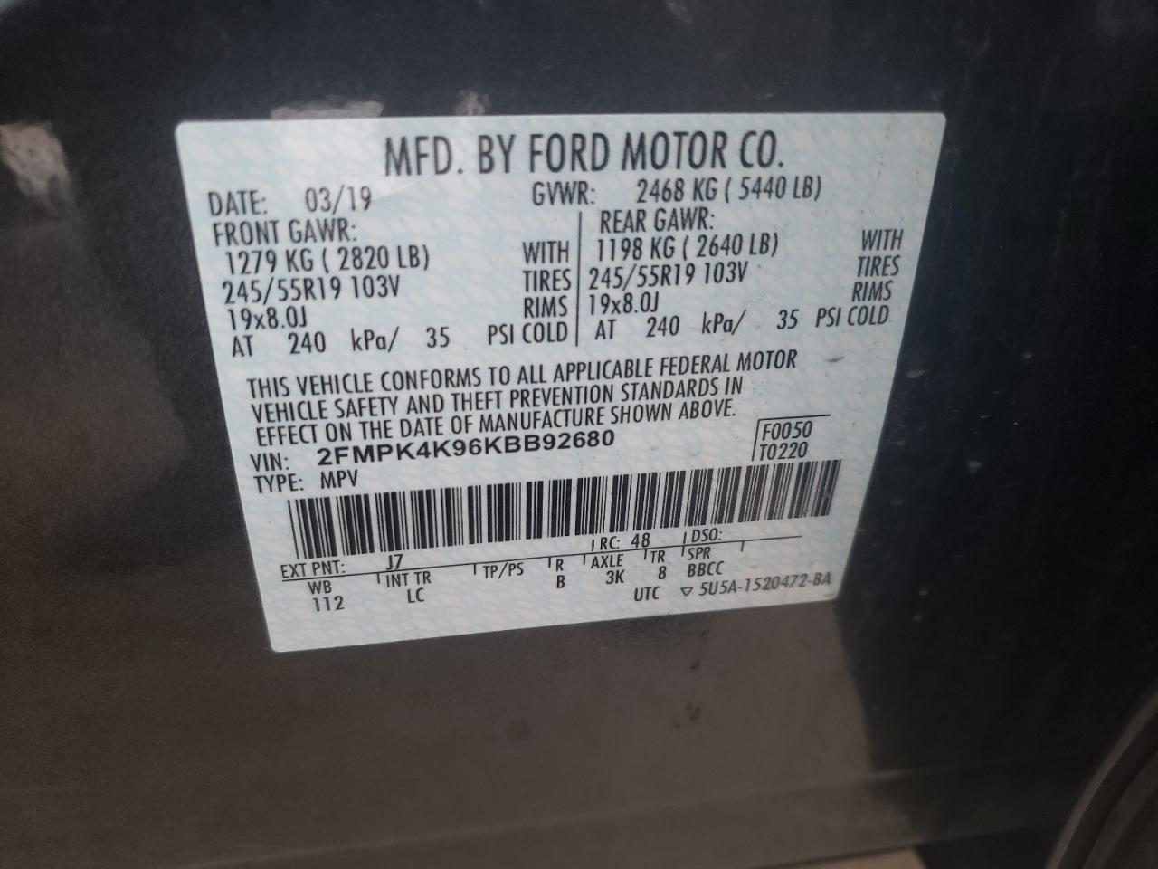 Photo 10 from auction – 2019 FORD EDGE TITAN with VIN 2FMPK4K96KBB92680