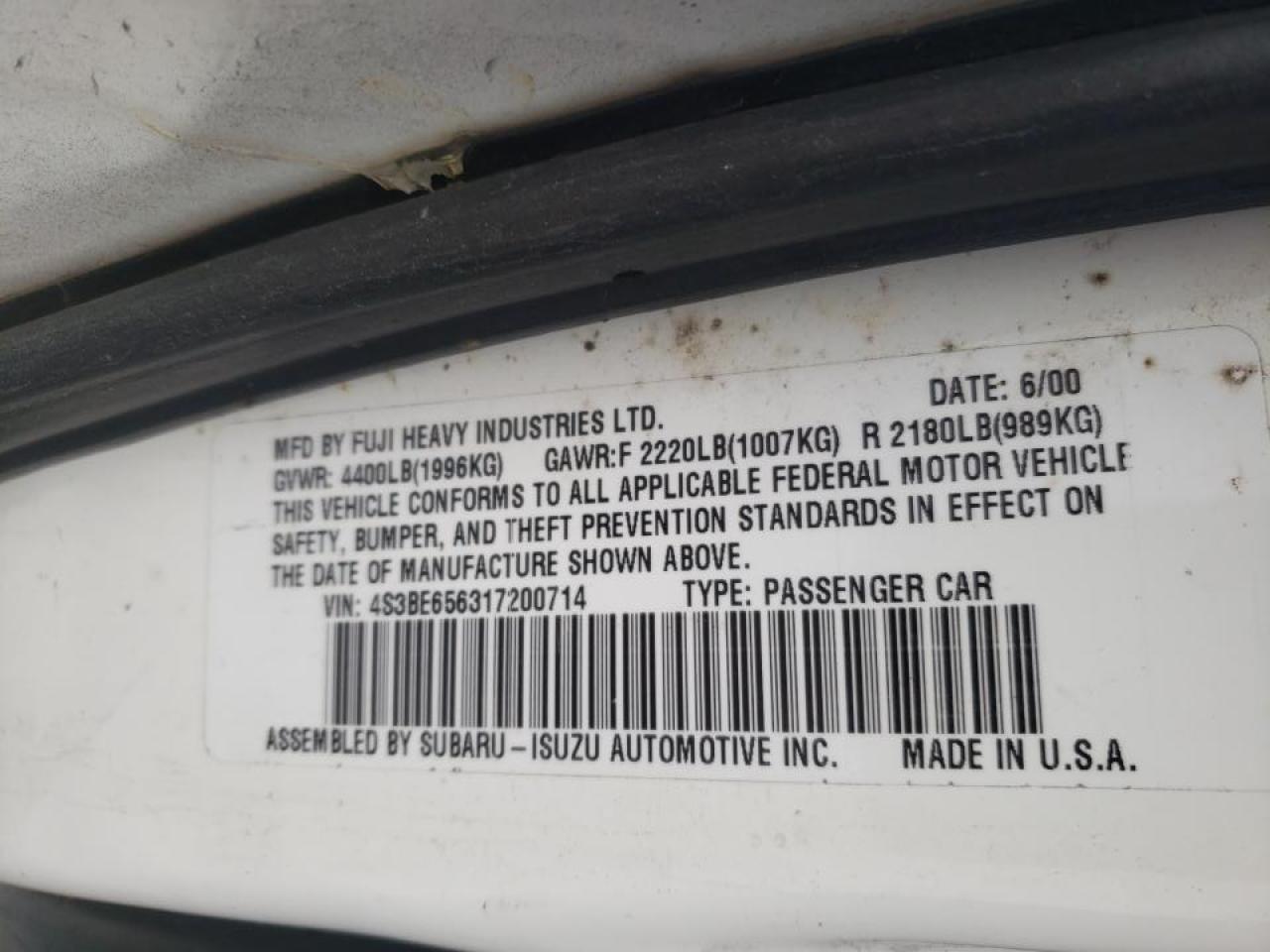 Photo 10 from auction – 2001 SUBARU LEGACY GT with VIN 4S3BE656317200714