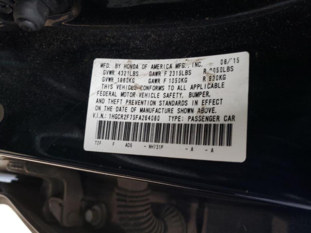 Photo 10 from auction – 2015 HONDA ACCORD EX with VIN 1HGCR2F75FA264080