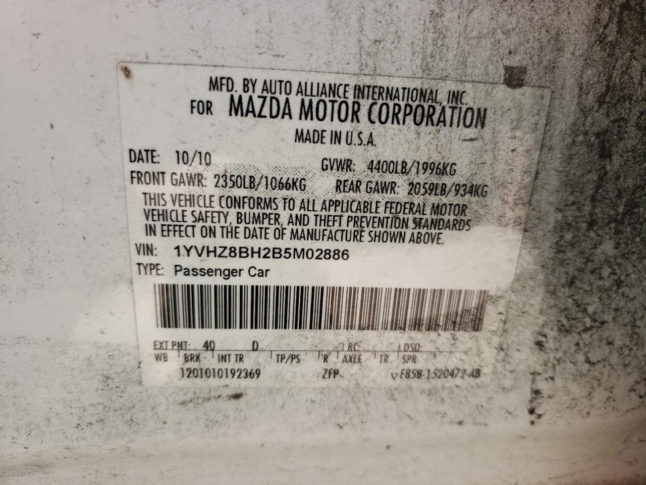 Photo 10 from auction – 2011 MAZDA MAZDA 6 with VIN 1YVHZ8BH2B5M02886