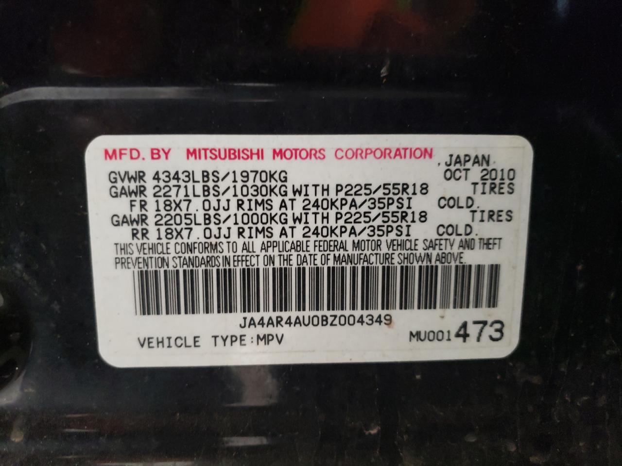 Photo 10 from auction – 2011 MITSUBISHI OUTLANDER with VIN JA4AR4AU0BZ004349