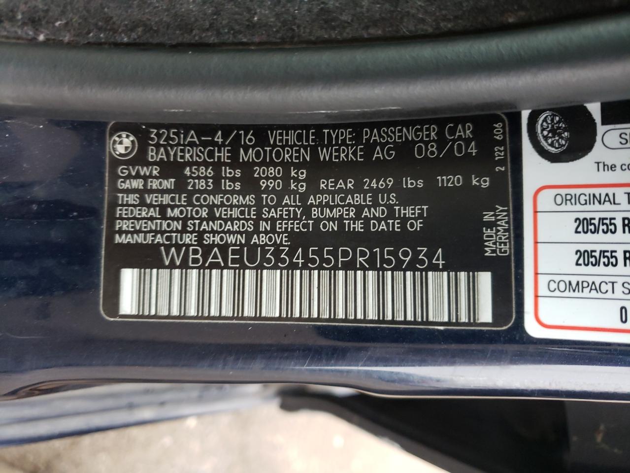 Photo 10 from auction – 2005 BMW 325 XI with VIN WBAEU33455PR15934