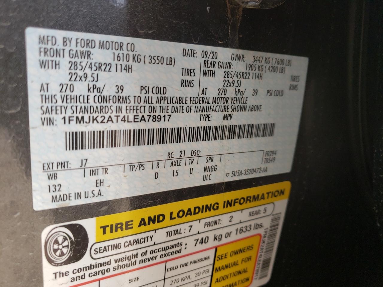 Photo 10 from auction – 2020 FORD EXPEDITION with VIN 1FMJK2AT4LEA78917