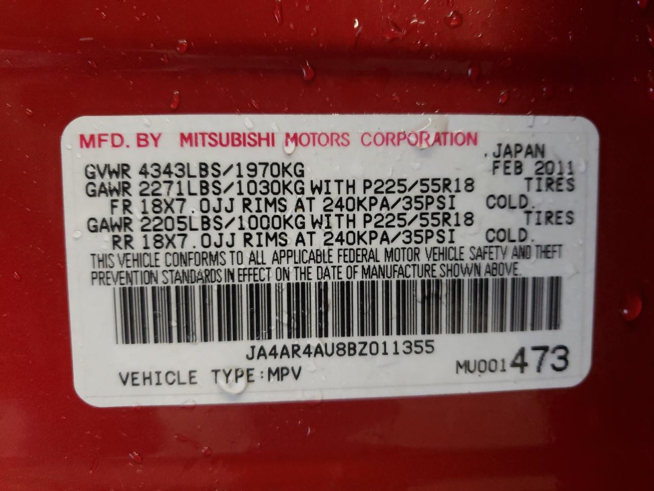Zdjęcie 10 z aukcji – 2011 MITSUBISHI OUTLANDER z VIN JA4AR4AU8BZ011355
