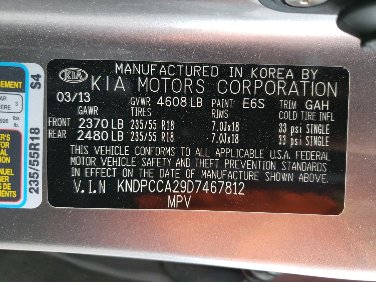 Photo 10 from auction – 2013 KIA SPORTAGE E with VIN KNDPCCA29D7467812