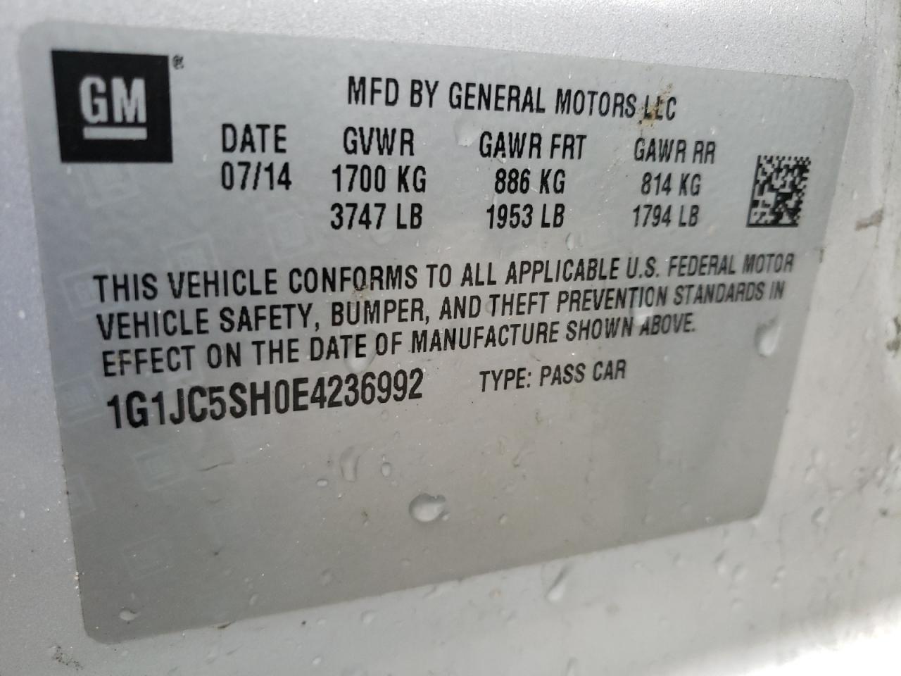 Photo 10 from auction – 2014 CHEVROLET SONIC LT with VIN 1G1JC5SH0E4236992