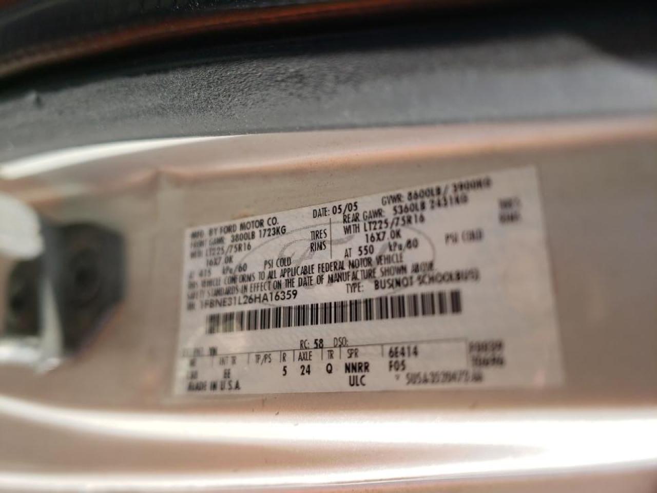 Photo 10 from auction – 2006 FORD ECONOLINE with VIN 1FBNE31L26HA16359