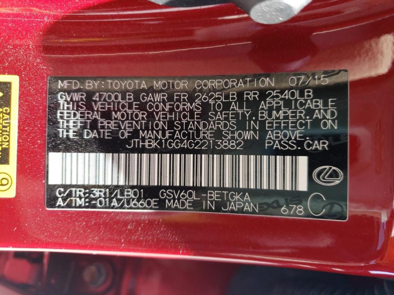 Photo 10 from auction – 2016 LEXUS ES 350 with VIN JTHBK1GG4G2213882