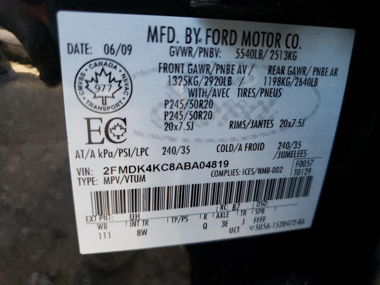 Photo 10 from auction – 2010 FORD EDGE LIMIT with VIN 2FMDK4KC8ABA04819