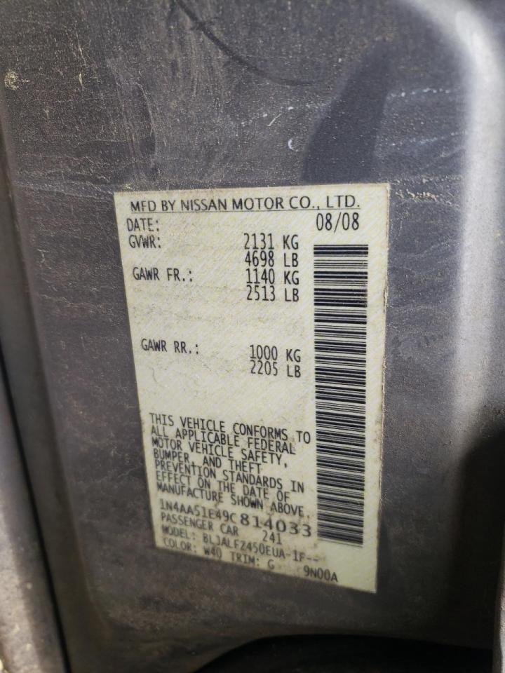 Photo 10 from auction – 2009 NISSAN MAXIMA S with VIN 1N4AA51E49C814033