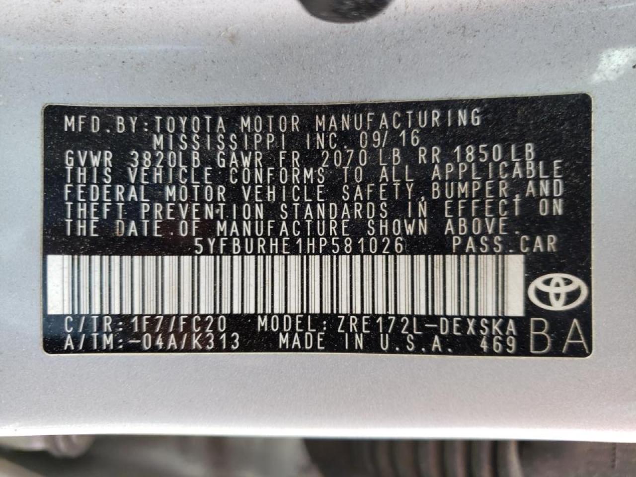 Photo 10 from auction – 2017 TOYOTA COROLLA L with VIN 5YFBURHE1HP581026