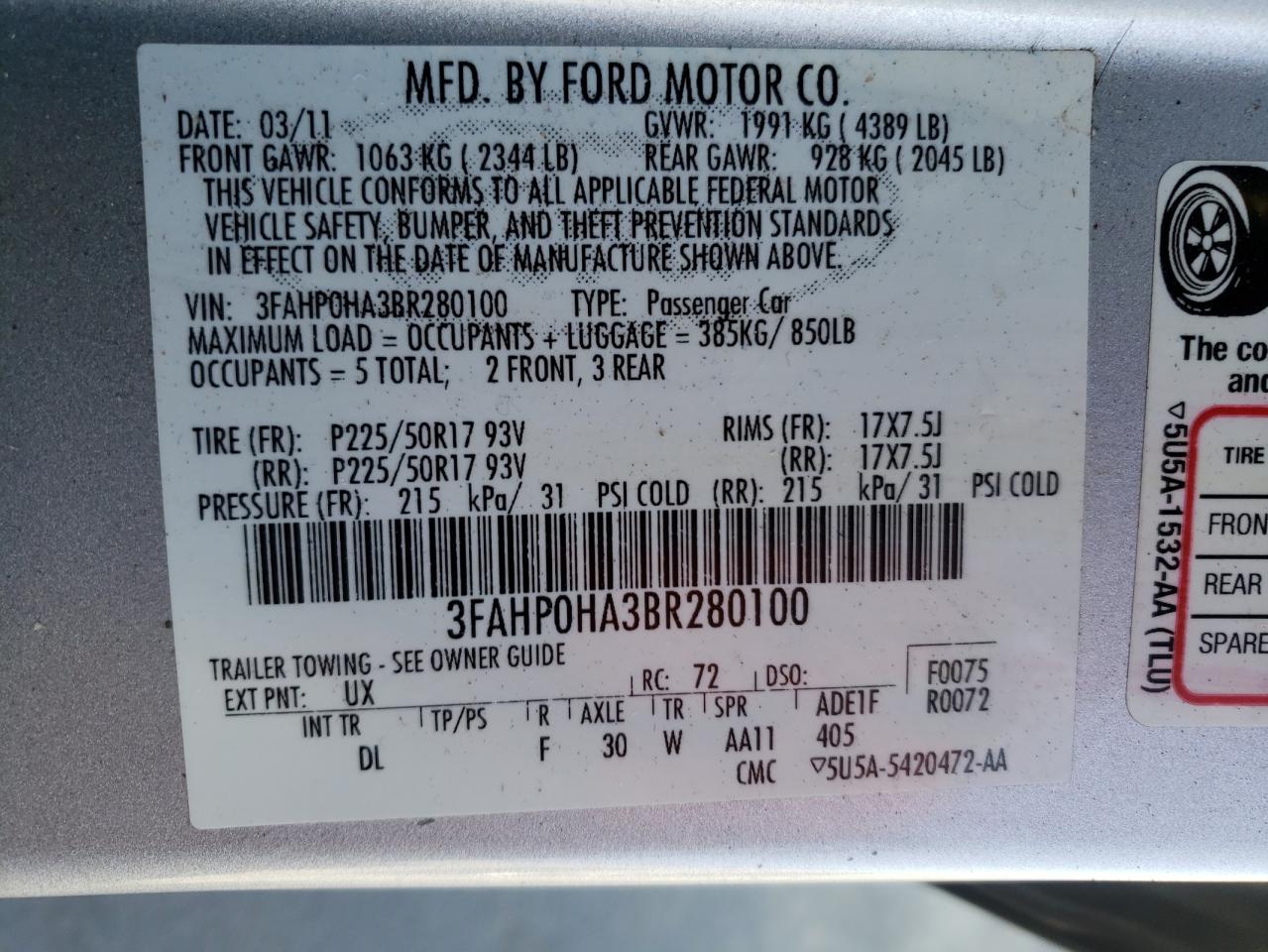 Photo 10 from auction – 2011 FORD FUSION SE with VIN 3FAHP0HA3BR280100