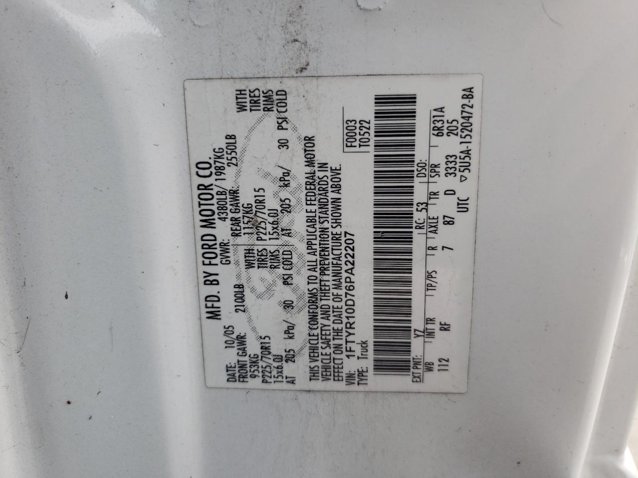 Photo 10 from auction – 2006 FORD RANGER with VIN 1FTYR10D76PA22207