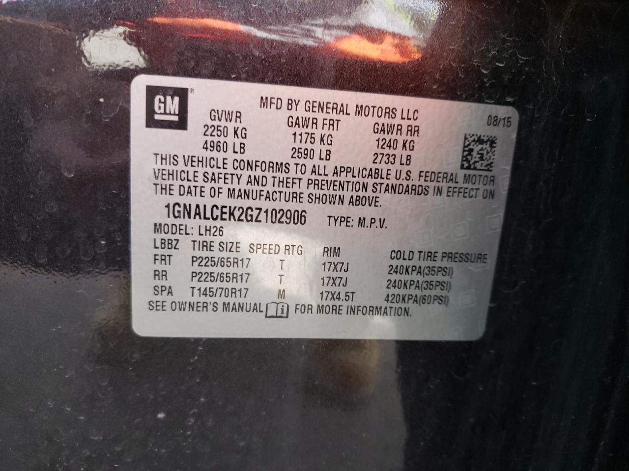 Photo 10 from auction – 2016 CHEVROLET EQUINOX LT with VIN 1GNALCEK2GZ102906