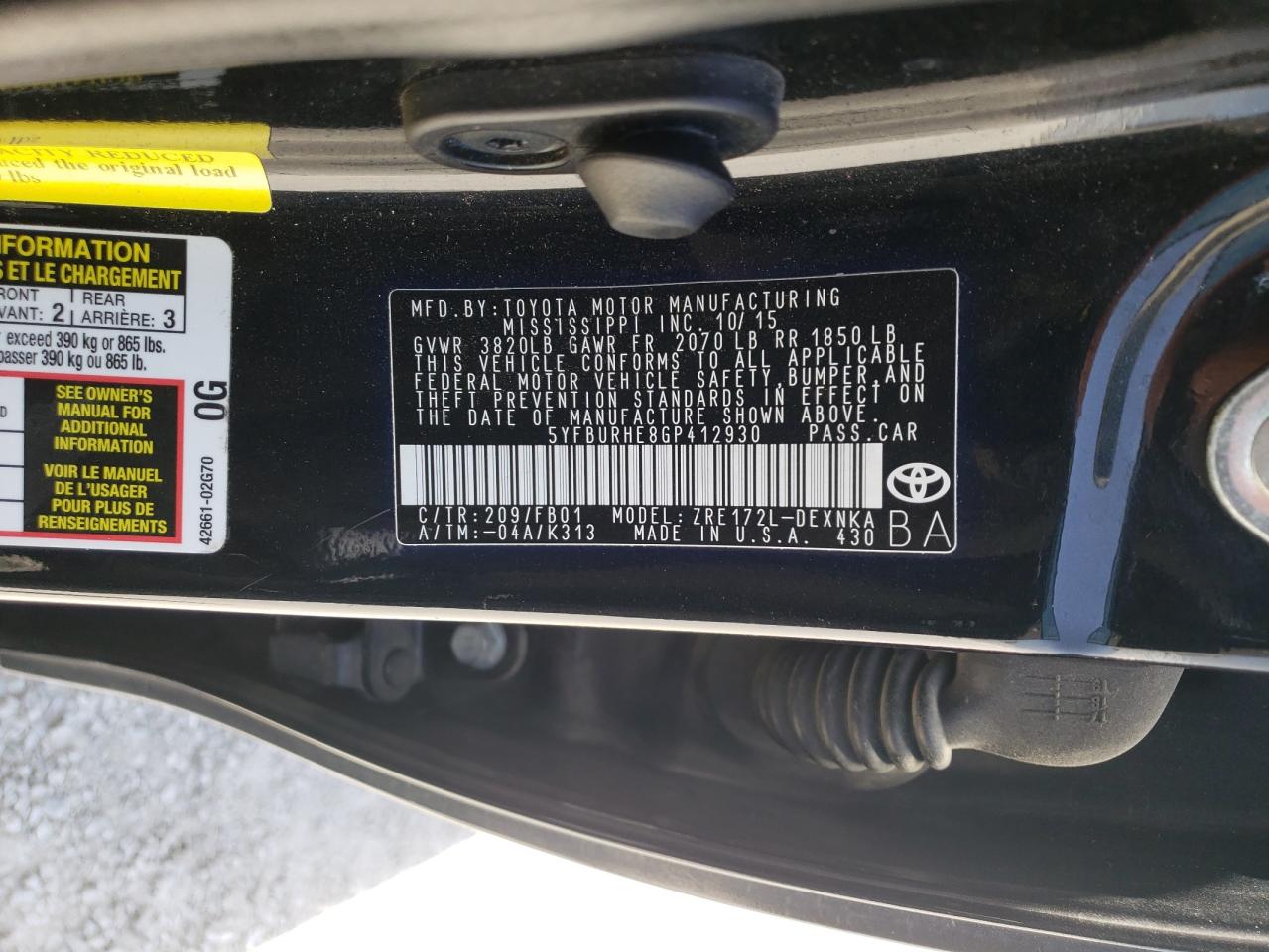 Photo 10 from auction – 2016 TOYOTA COROLLA L with VIN 5YFBURHE8GP412930