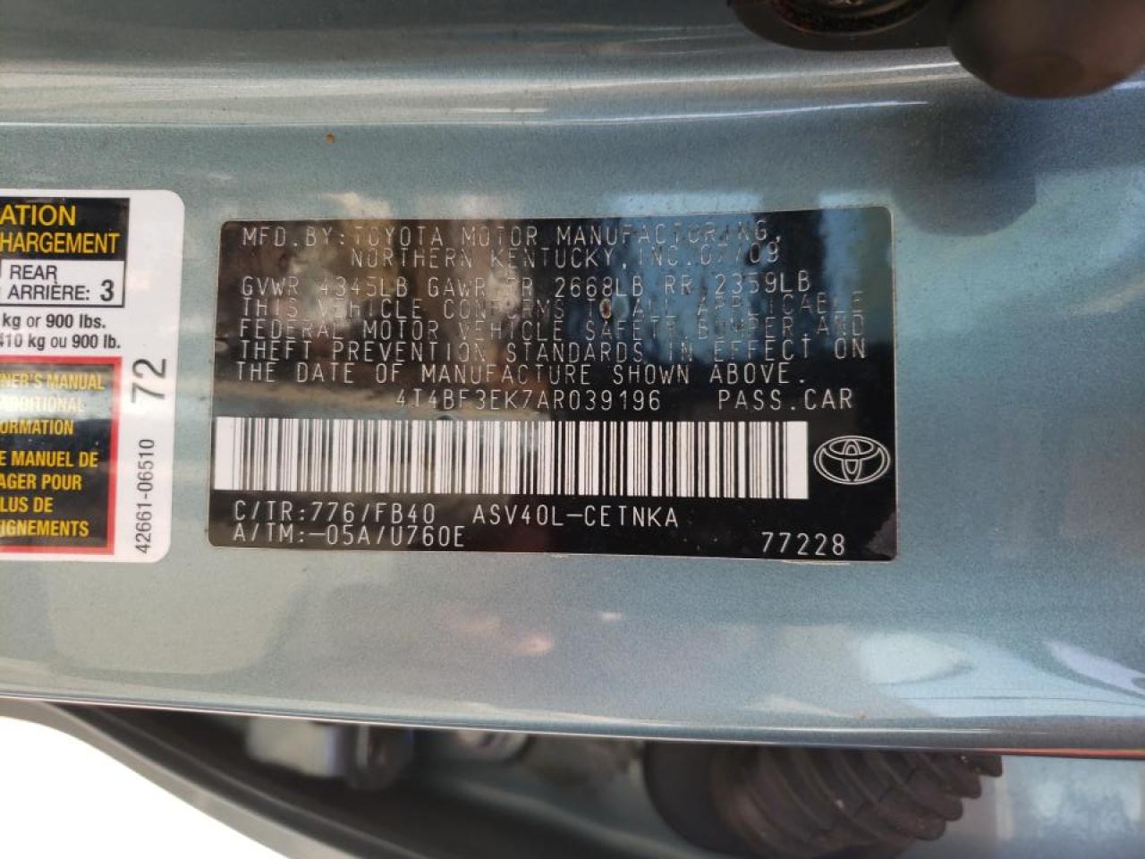 Photo 10 from auction – 2010 TOYOTA CAMRY BASE with VIN 4T4BF3EK7AR039196