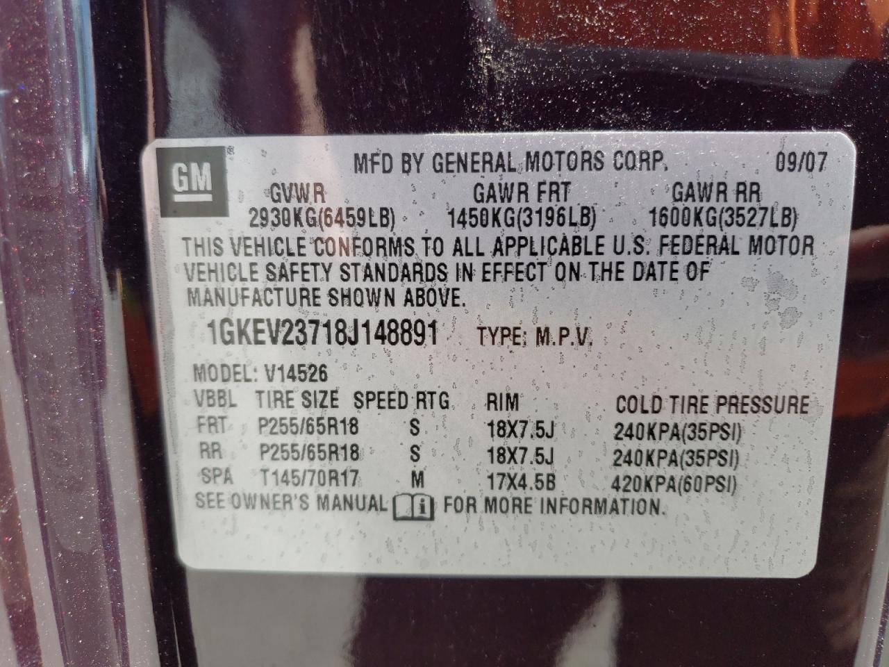 Photo 10 from auction – 2008 GMC ACADIA SLT with VIN 1GKEV23718J148891