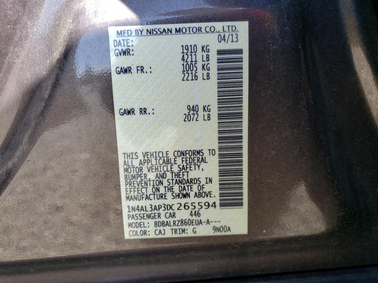 Photo 10 from auction – 2013 NISSAN ALTIMA 2.5 with VIN 1N4AL3AP3DC265594