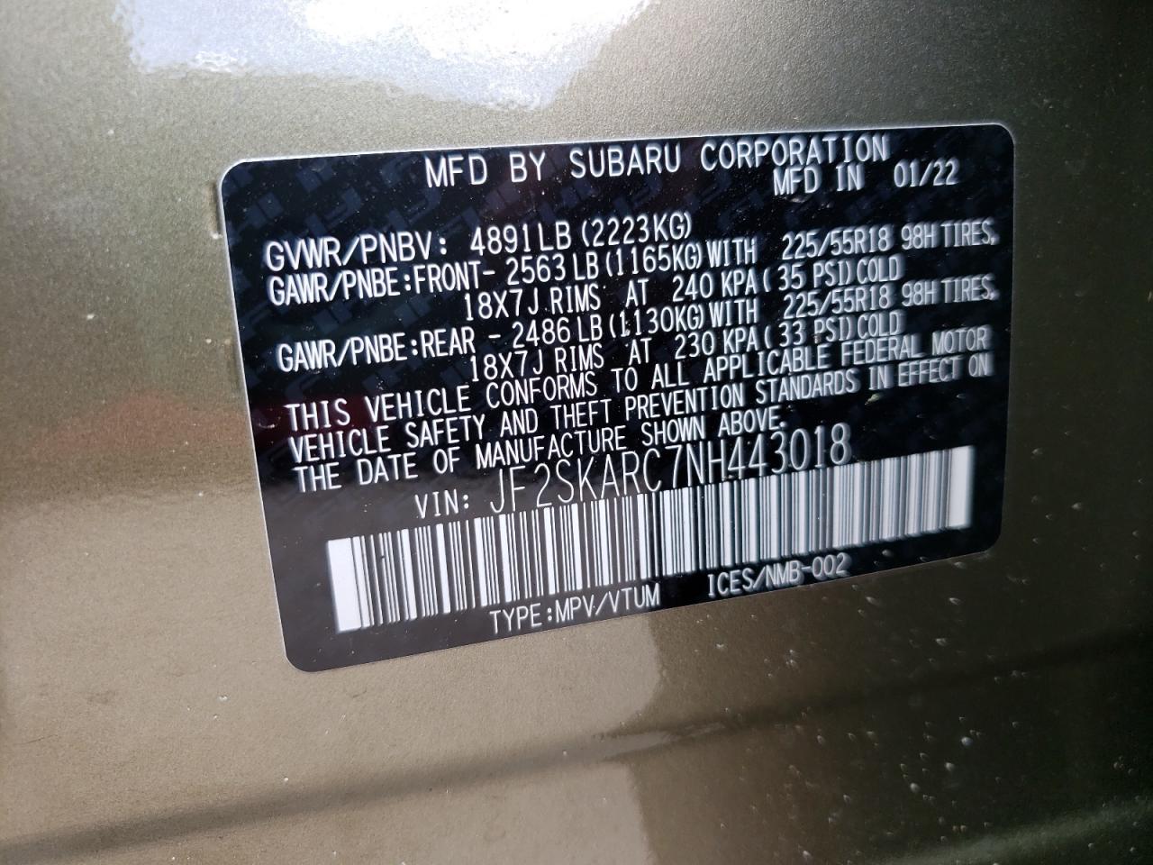 Photo 10 from auction – 2022 SUBARU FORESTER with VIN JF2SKARC7NH443018