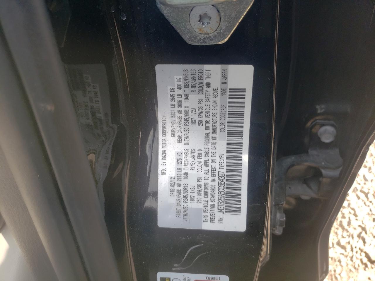 Photo 10 from auction – 2012 MAZDA CX-9 with VIN JM3TB2BA6C0354397