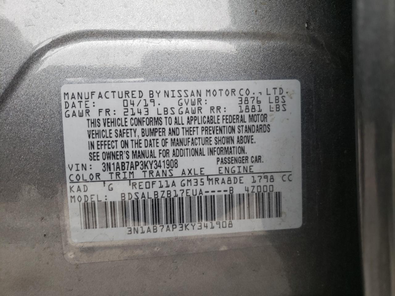 Photo 10 from auction – 2019 NISSAN SENTRA S with VIN 3N1AB7AP3KY341908