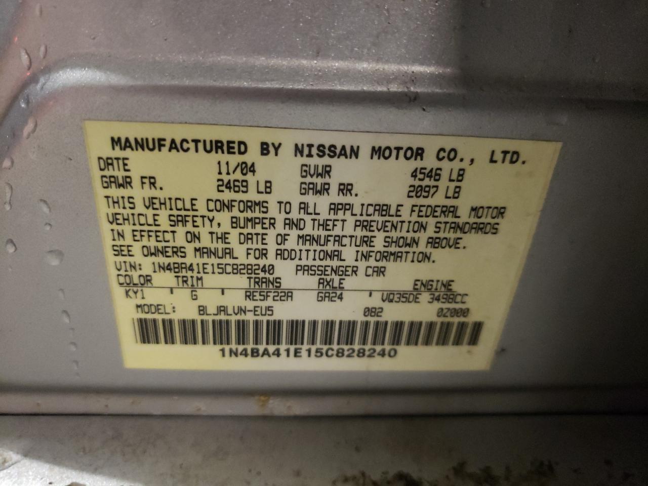 Photo 10 from auction – 2005 NISSAN MAXIMA SE with VIN 1N4BA41E15C828240