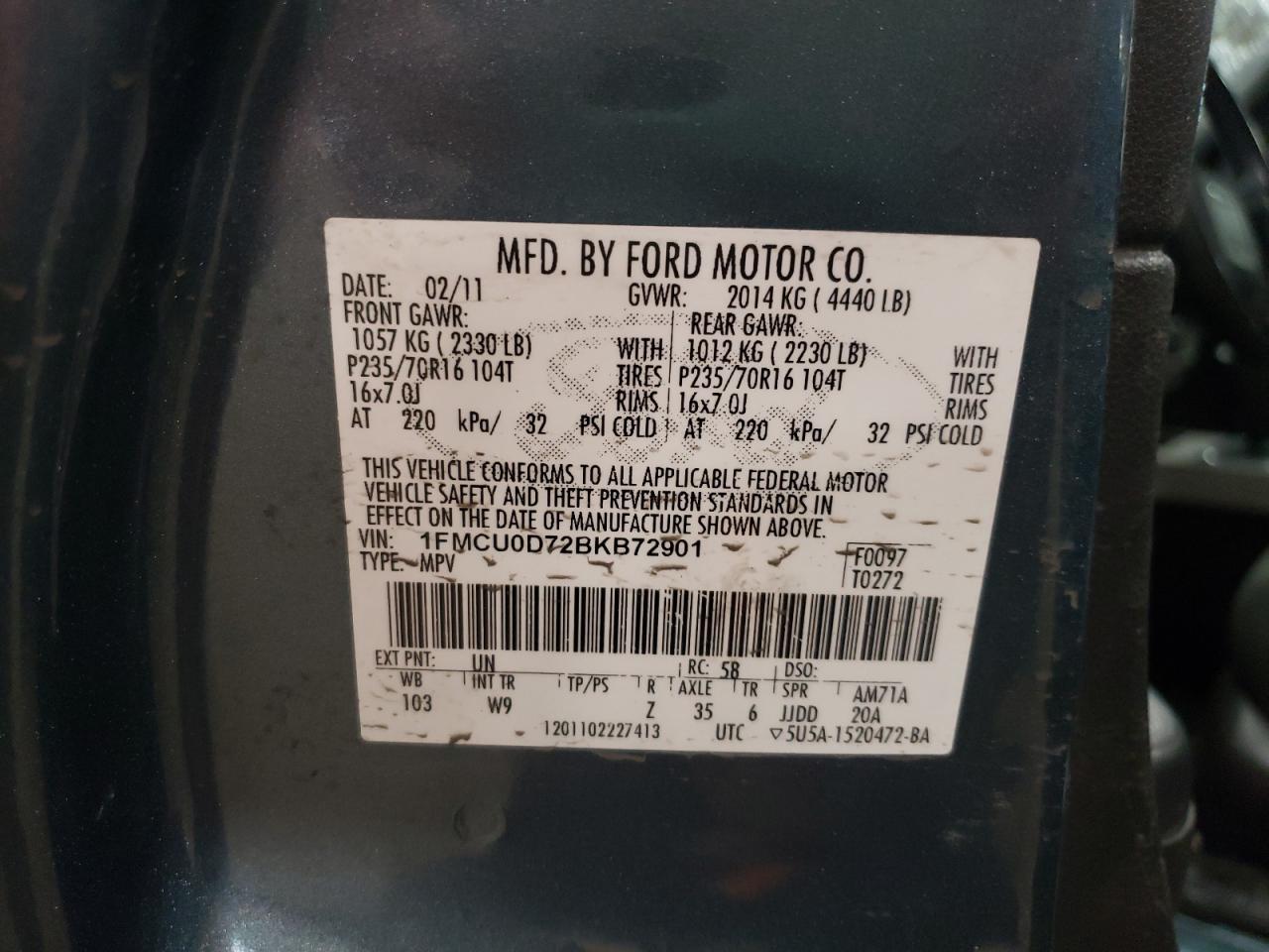 Photo 10 from auction – 2011 FORD ESCAPE XLT with VIN 1FMCU0D72BKB72901