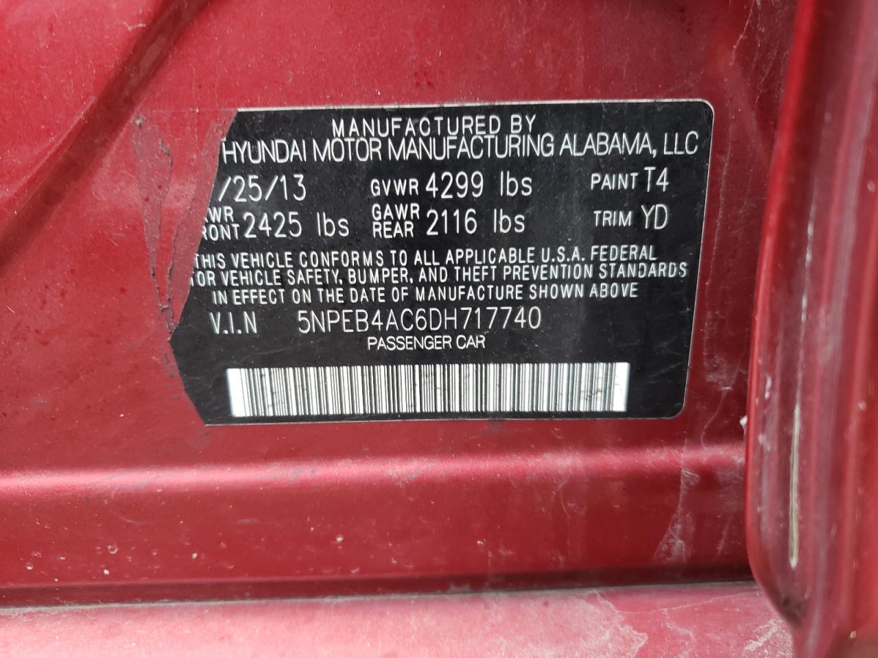 Photo 10 from auction – 2013 HYUNDAI SONATA GLS with VIN 5NPEB4AC6DH717740