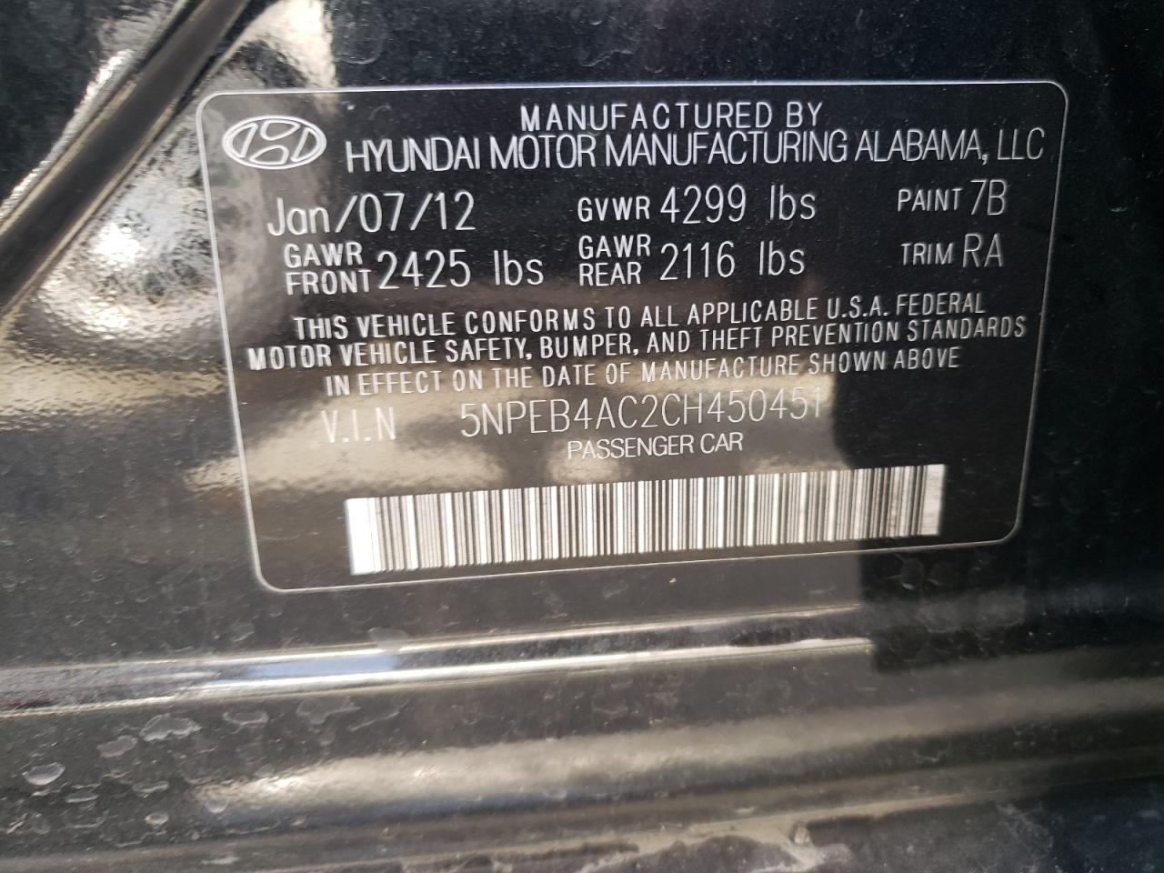 Photo 10 from auction – 2012 HYUNDAI SONATA GLS with VIN 5NPEB4AC2CH450451