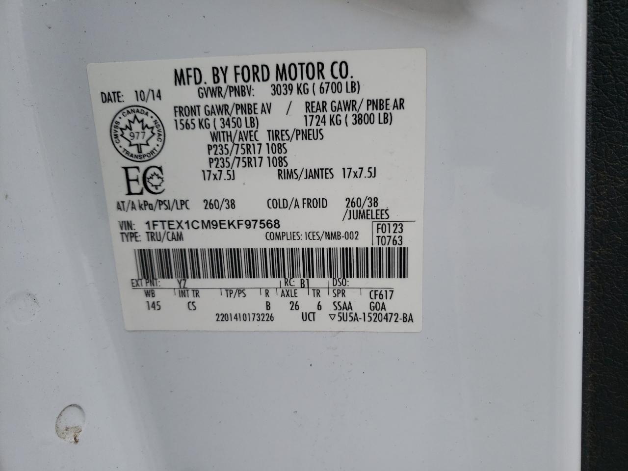Photo 10 from auction – 2014 FORD F150 SUPER with VIN 1FTEX1CM9EKF97568