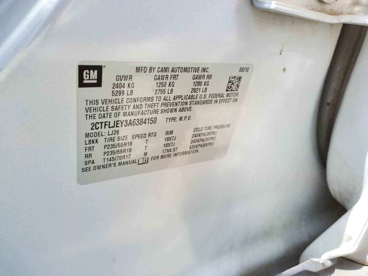 Photo 10 from auction – 2010 GMC TERRAIN SL with VIN 2CTFLJEY3A6384150