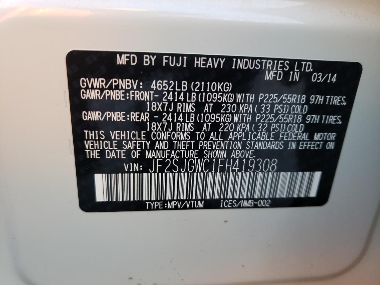 Photo 10 from auction – 2015 SUBARU FORESTER 2 with VIN JF2SJGWC1FH419308
