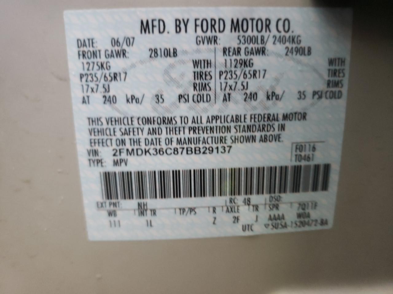 Photo 10 from auction – 2007 FORD EDGE SE with VIN 2FMDK36C87BB29137