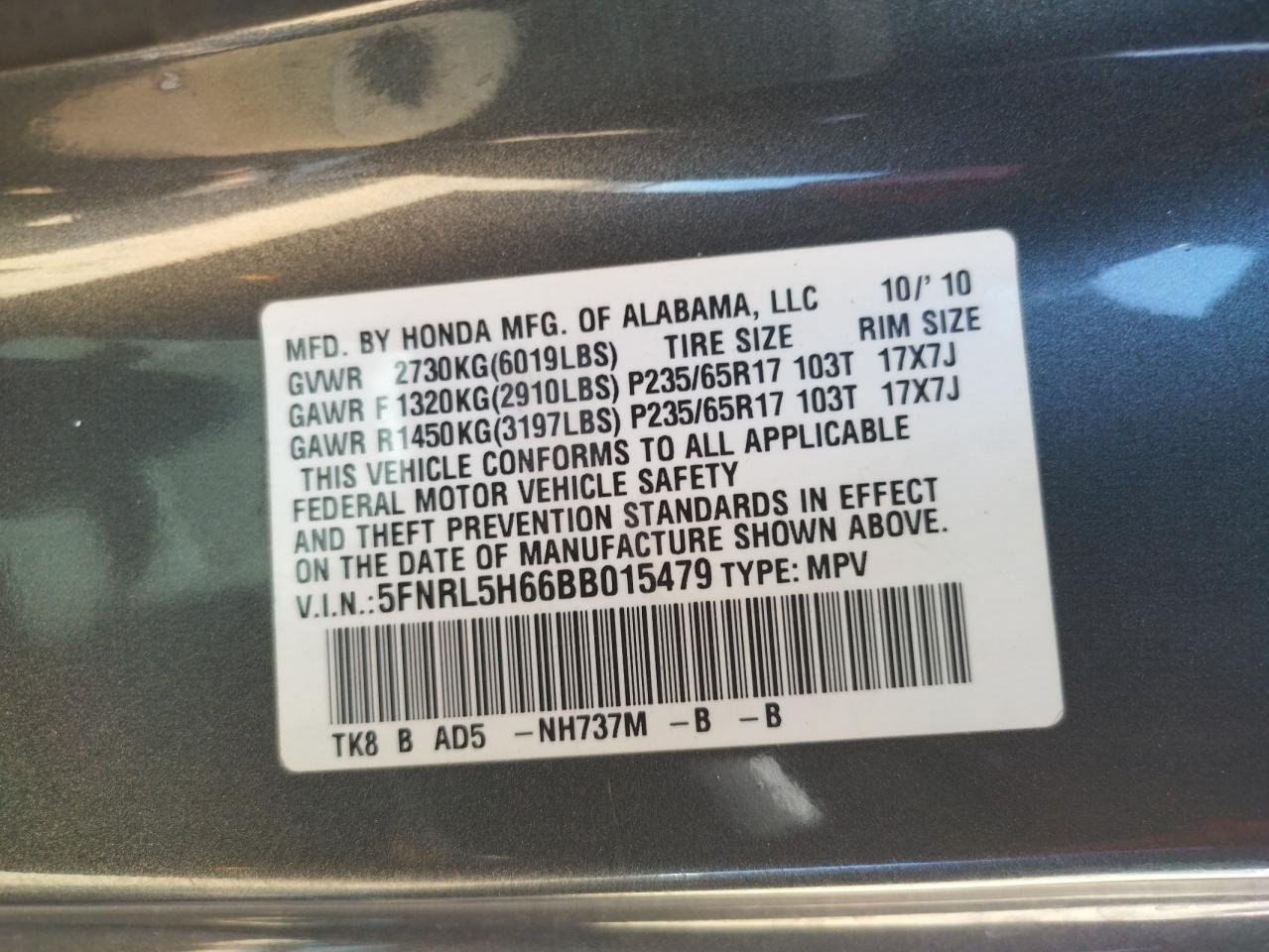 Photo 10 from auction – 2011 HONDA ODYSSEY with VIN 5FNRL5H66BB015479