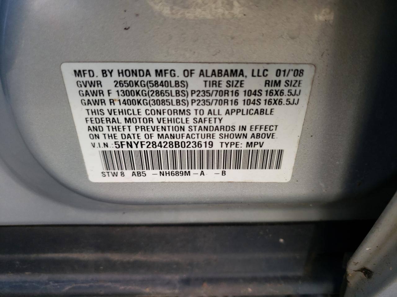 Photo 10 from auction – 2008 HONDA PILOT EX with VIN 5FNYF28428B023619