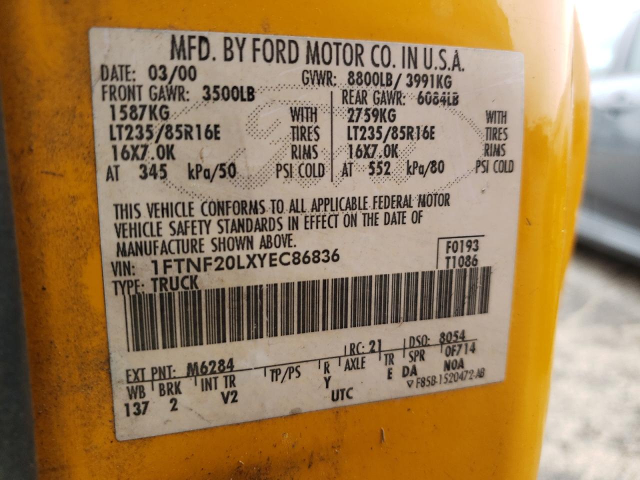 Фото 10 с аукциона – 2000 FORD F250 с VIN 1FTNF20LXYEC86836