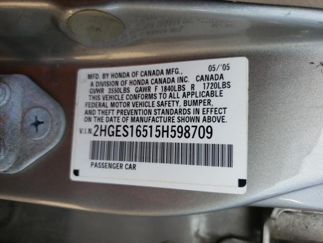 Photo 10 from auction – 2005 HONDA CIVIC with VIN 2HGES16515H598709