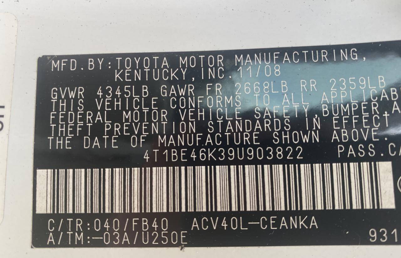 Photo 10 from auction – 2009 TOYOTA CAMRY BASE with VIN 4T1BE46K39U903822