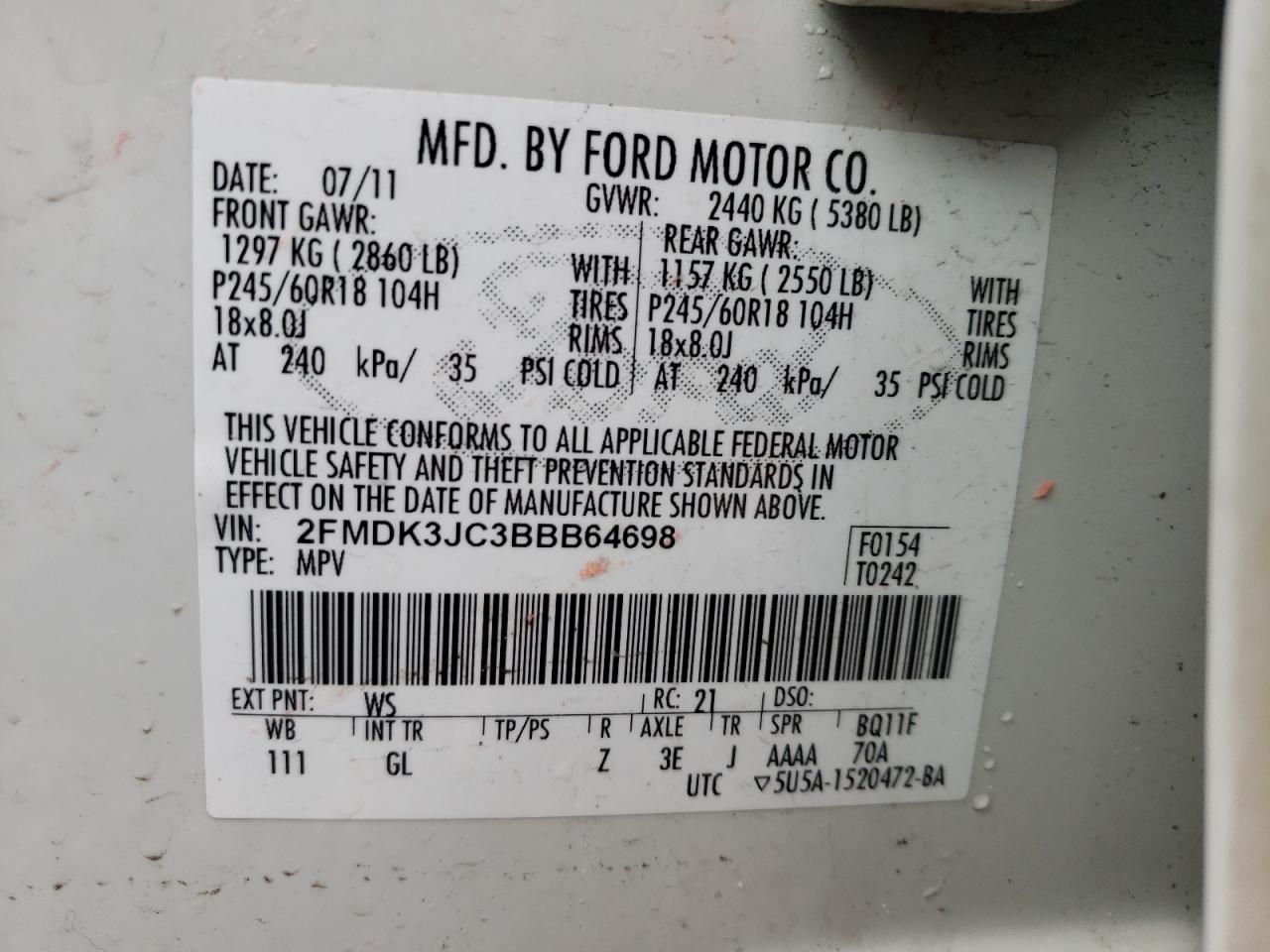Photo 10 from auction – 2011 FORD EDGE SEL with VIN 2FMDK3JC3BBB64698