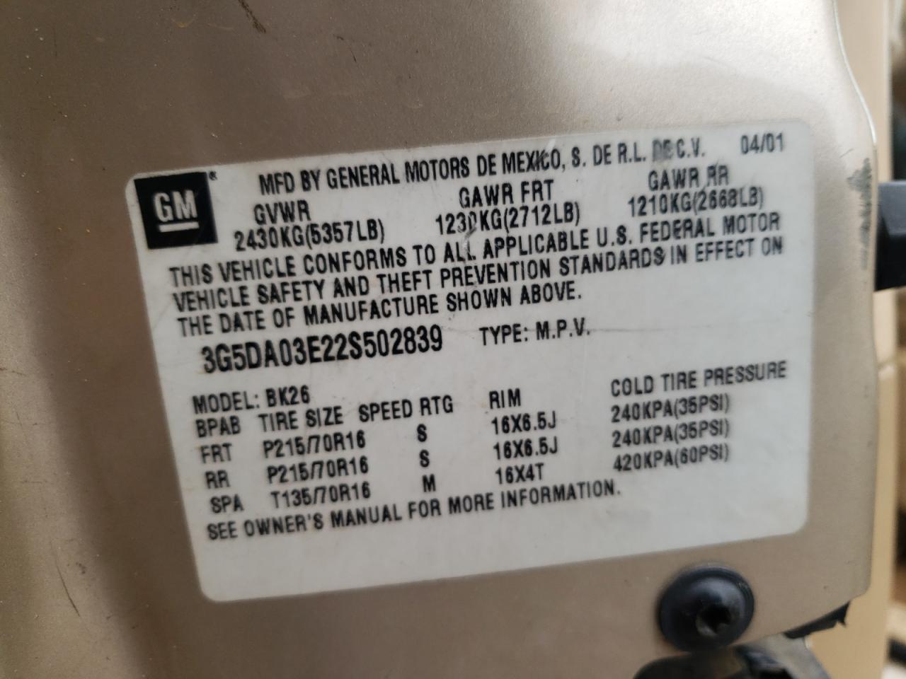 Photo 10 from auction – 2002 BUICK RENDEZVOUS with VIN 3G5DA03E22S502839