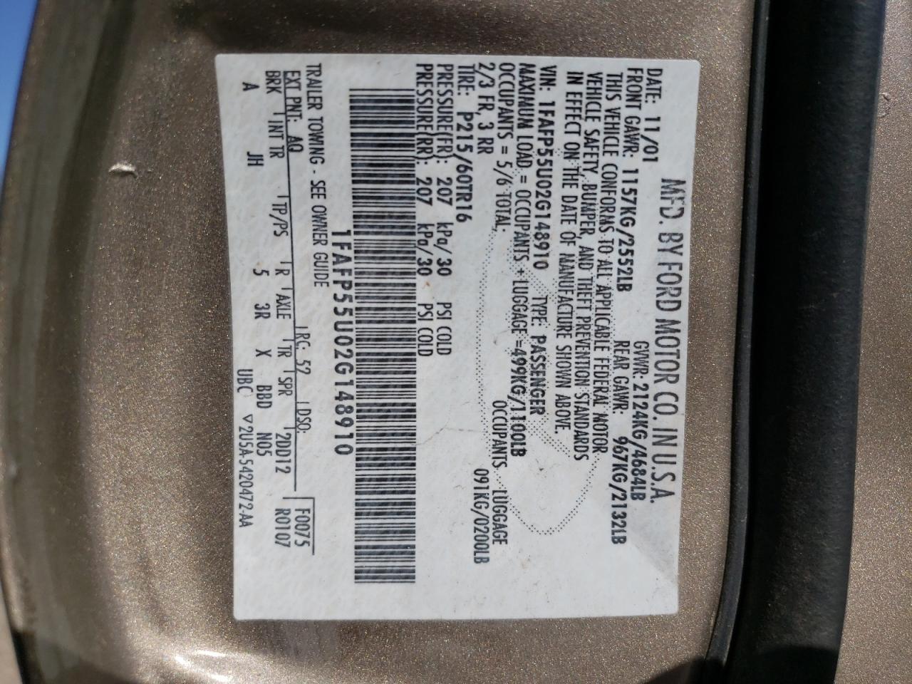Photo 10 from auction – 2002 FORD TAURUS SES with VIN 1FAFP55U02G148910