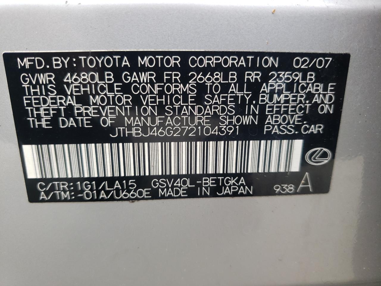 Photo 10 from auction – 2007 LEXUS ES 350 with VIN JTHBJ46G272104391