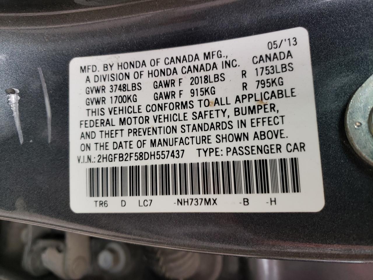 Photo 10 from auction – 2013 HONDA CIVIC LX with VIN 2HGFB2F58DH557437