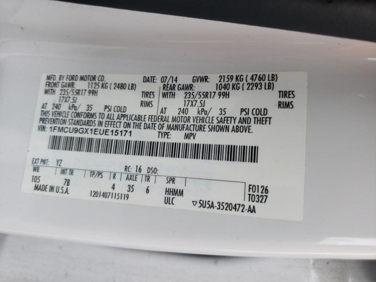 Photo 10 from auction – 2014 FORD ESCAPE SE with VIN 1FMCU9GX1EUE15171
