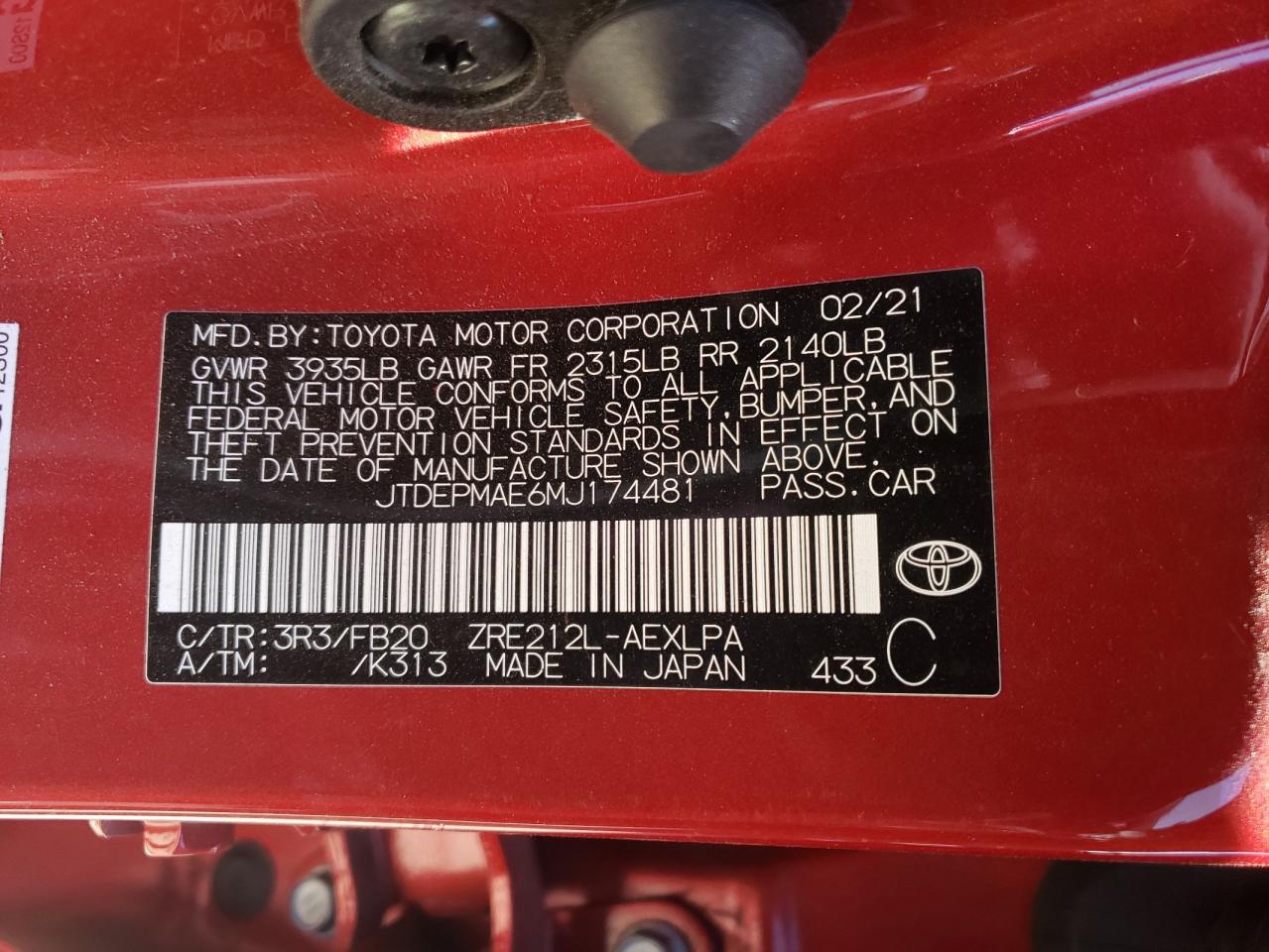 Photo 10 from auction – 2021 TOYOTA COROLLA LE with VIN JTDEPMAE6MJ174481