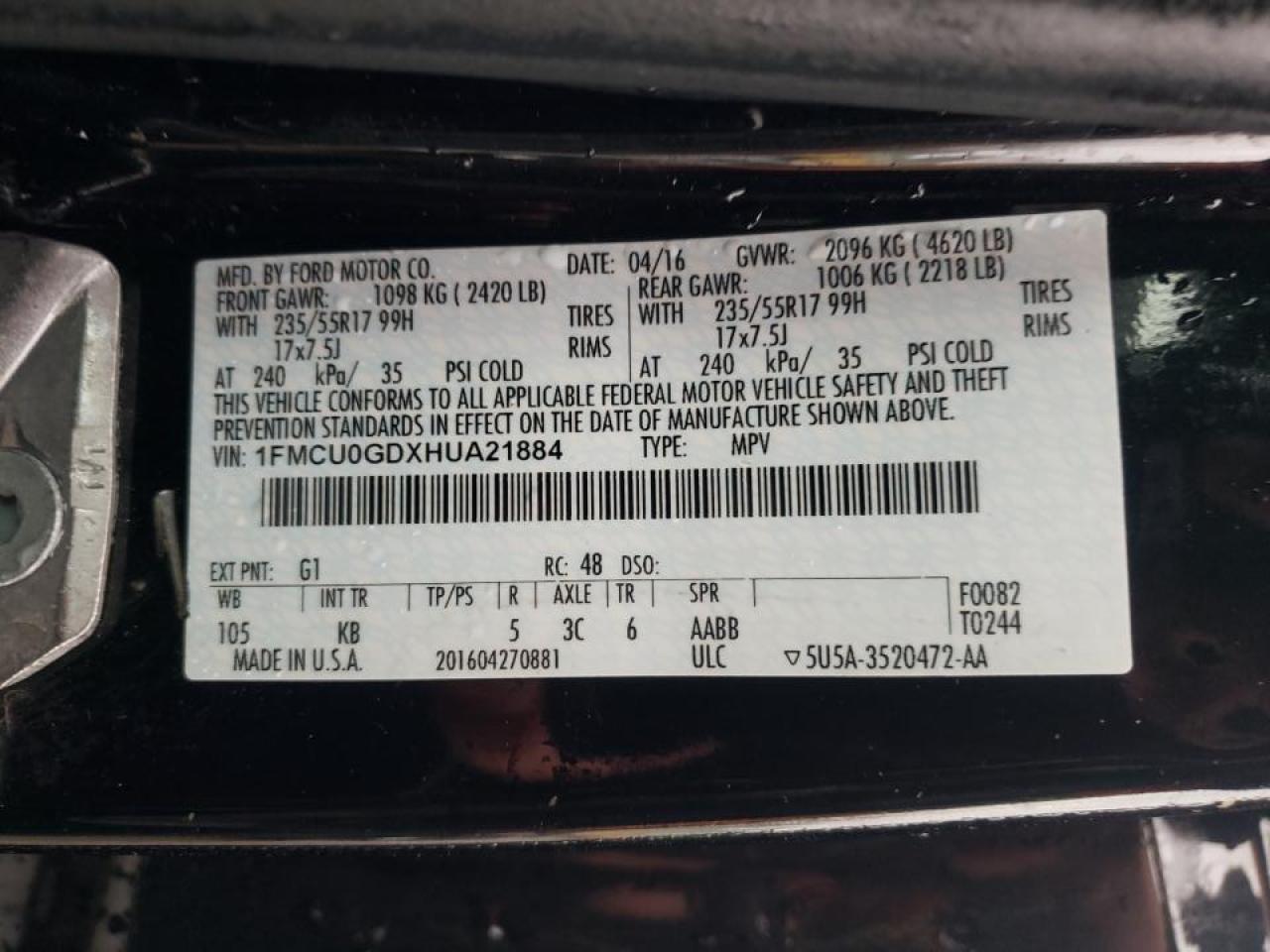 Photo 10 from auction – 2017 FORD ESCAPE SE with VIN 1FMCU0GDXHUA21884