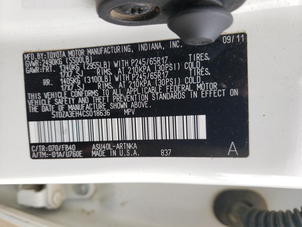 Photo 10 from auction – 2012 TOYOTA HIGHLANDER with VIN 5TDZA3EH4CS018636