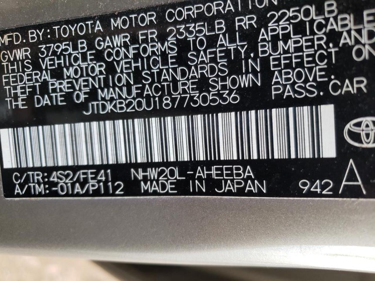 Photo 10 from auction – 2008 TOYOTA PRIUS with VIN JTDKB20U187730536