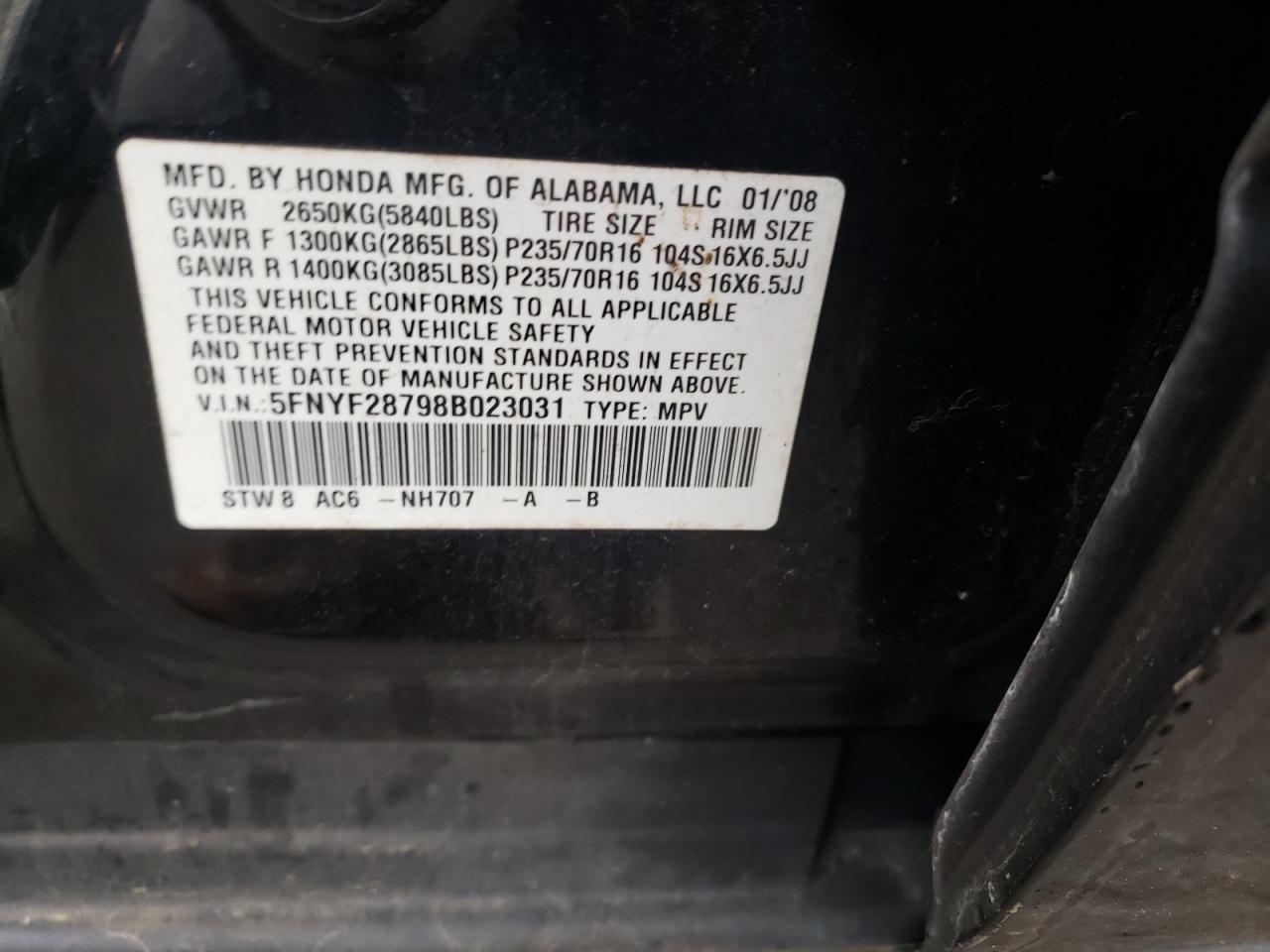 Photo 10 from auction – 2008 HONDA PILOT EXL with VIN 5FNYF28798B023031